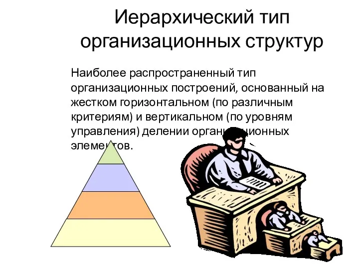 Иерархический тип организационных структур Наиболее распространенный тип организационных построений, основанный на жестком