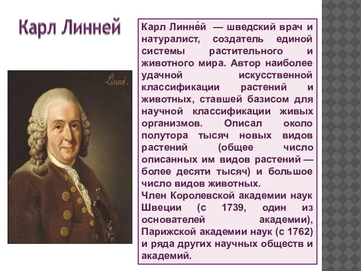 Карл Линне́й — шведский врач и натуралист, создатель единой системы растительного и