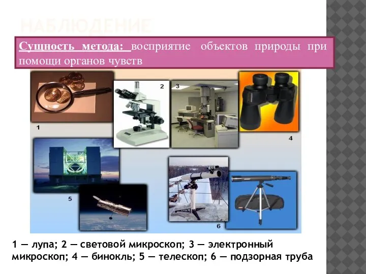 НАБЛЮДЕНИЕ Сущность метода: восприятие объектов природы при помощи органов чувств 1 —