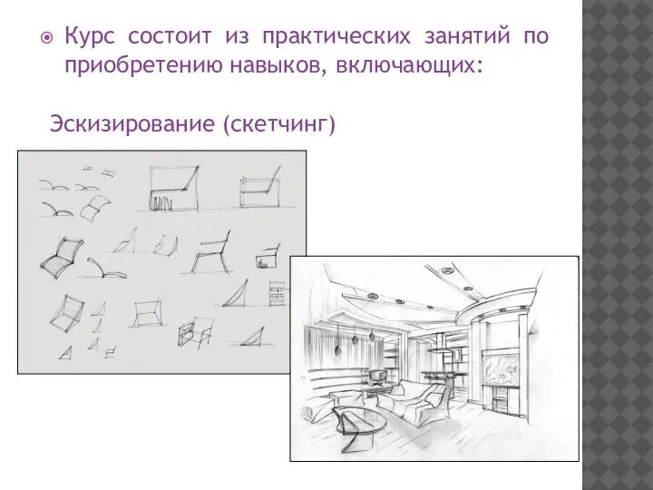 Курс состоит из практических занятий по приобретению навыков, включающих: Эскизирование (скетчинг)