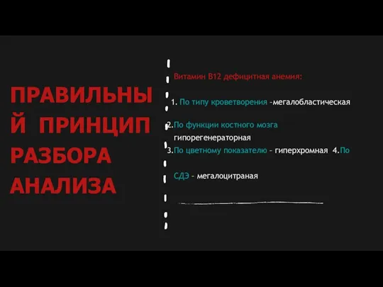 ПРАВИЛЬНЫЙ ПРИНЦИП РАЗБОРА АНАЛИЗА Витамин В12 дефицитная анемия: По типу кроветворения –мегалобластическая