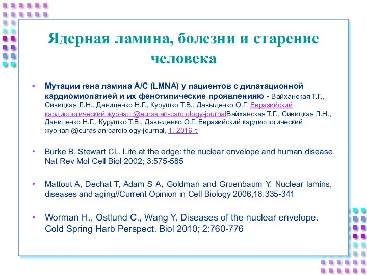 Ядерная ламина, болезни и старение человека Мутации гена ламина A/C (LMNA) у