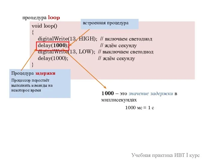 процедура loop void loop() { digitalWrite(13, HIGH); // включаем светодиод delay(1000); //