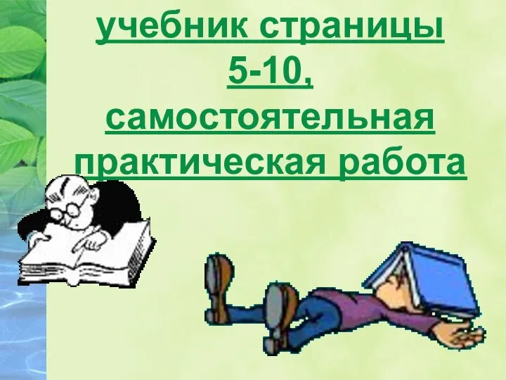 Домашнее задание учебник страницы 5-10, самостоятельная практическая работа