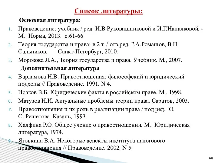 Список литературы: Основная литература: Правоведение: учебник / ред. И.В.Руковишниковой и И.Г.Напалковой. -