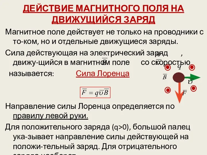 ДЕЙСТВИЕ МАГНИТНОГО ПОЛЯ НА ДВИЖУЩИЙСЯ ЗАРЯД Магнитное поле действует не только на