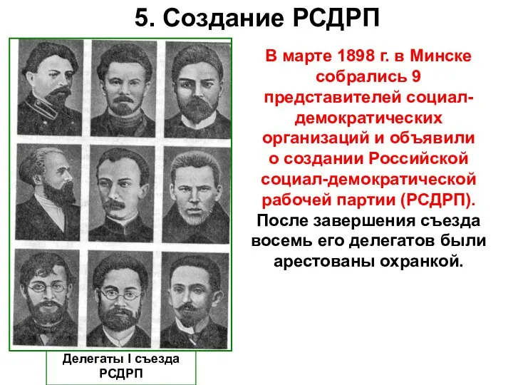 5. Создание РСДРП В марте 1898 г. в Минске собрались 9 представителей