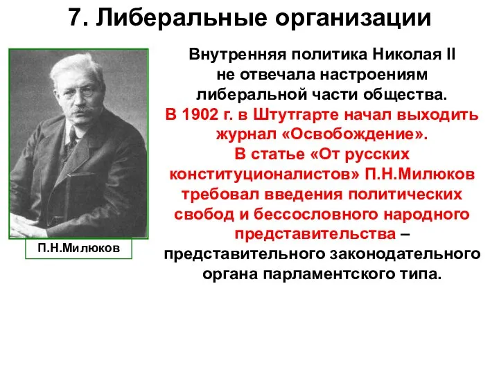 7. Либеральные организации Внутренняя политика Николая II не отвечала настроениям либеральной части