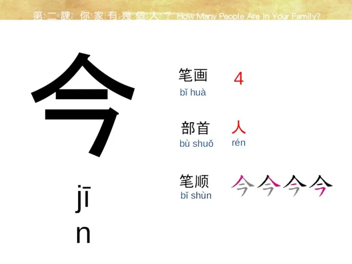 今 笔画 部首 4 人 rén 笔顺 jīn bǐ huà bù shuǒ bǐ shùn