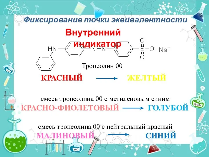 Фиксирование точки эквивалентности Внутренний индикатор Тропеолин 00 КРАСНЫЙ ЖЕЛТЫЙ смесь тропеолина 00