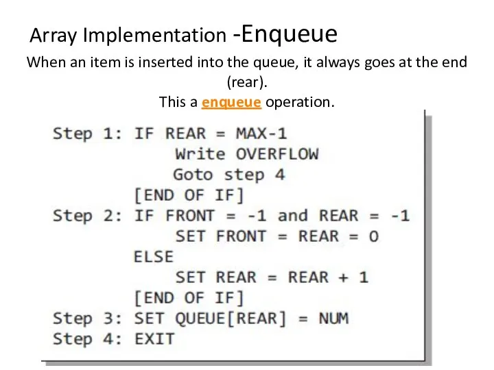 Array Implementation -Enqueue When an item is inserted into the queue, it