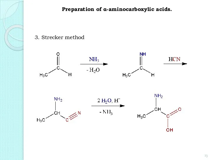 3. Strecker method Preparation of α-aminocarboxylic acids.