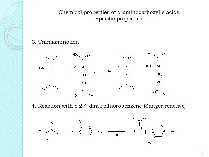 3. Transamination 4. Reaction with с 2,4-dinitrofluorobenzene (Sanger reactive) Chemical properties of α-aminocarboxylic acids. Specific properties.