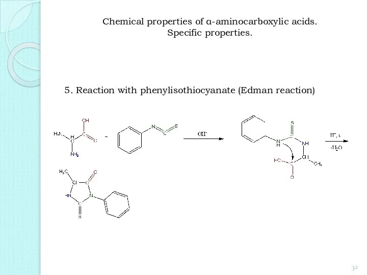 5. Reaction with phenylisothiocyanate (Edman reaction) Chemical properties of α-aminocarboxylic acids. Specific properties.