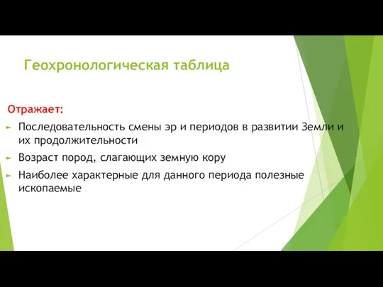 Геохронологическая таблица Отражает: Последовательность смены эр и периодов в развитии Земли и