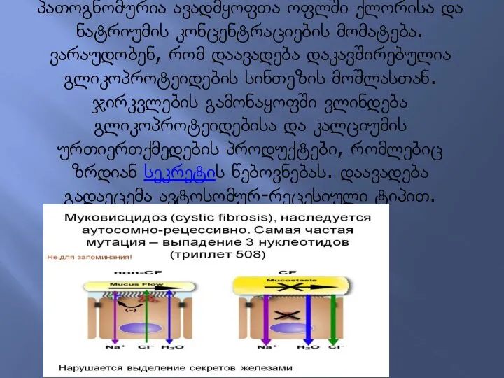 პათოგნომურია ავადმყოფთა ოფლში ქლორისა და ნატრიუმის კონცენტრაციების მომატება. ვარაუდობენ, რომ დაავადება დაკავშირებულია