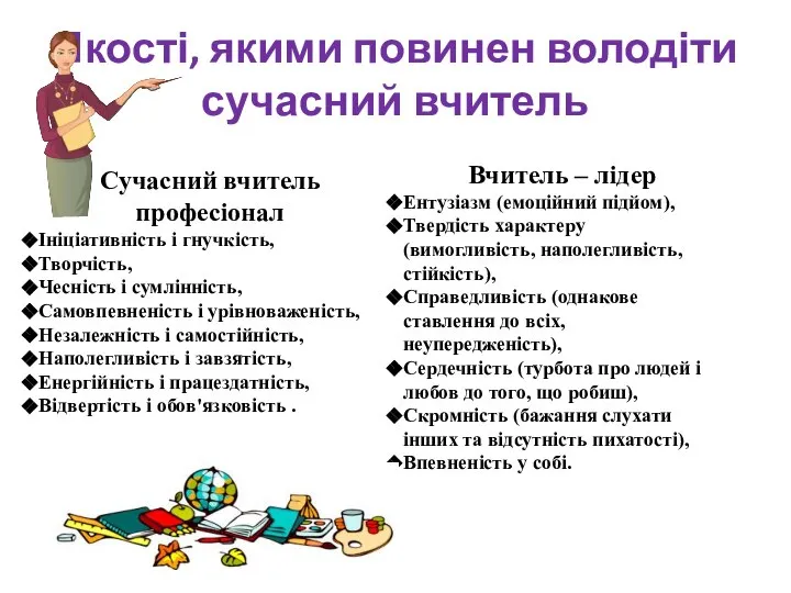 Якості, якими повинен володіти сучасний вчитель Сучасний вчитель професіонал Ініціативність і гнучкість,