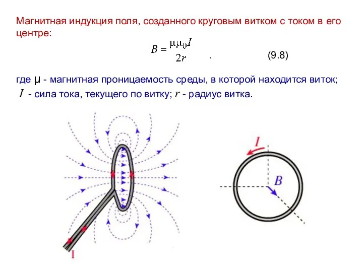 Магнитная индукция поля, созданного круговым витком с током в его центре: .