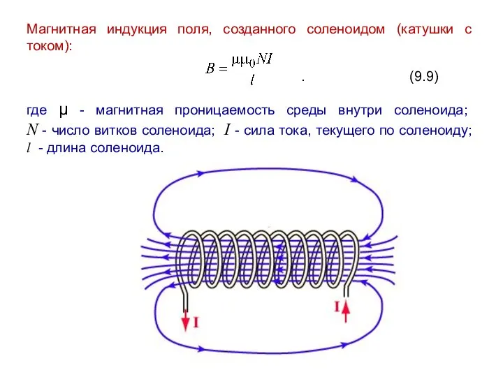Магнитная индукция поля, созданного соленоидом (катушки с током): . (9.9) где μ