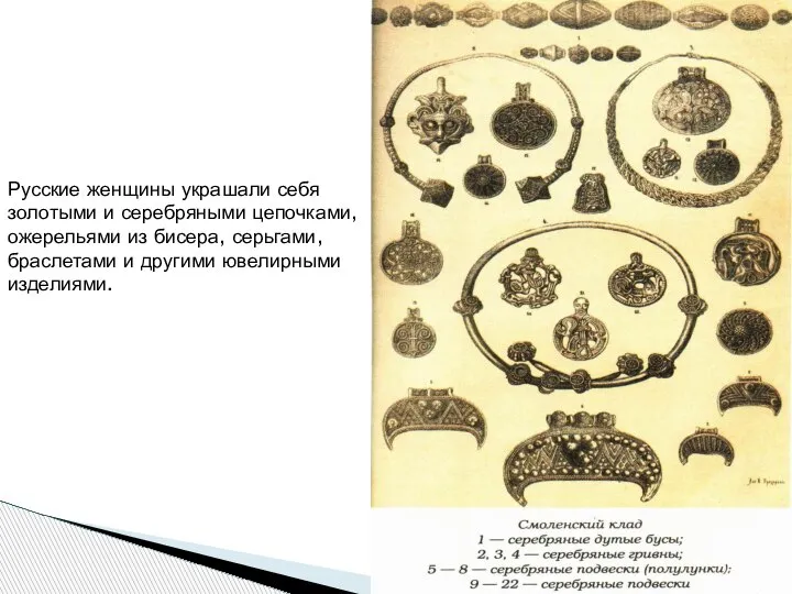 Русские женщины украшали себя золотыми и серебряными цепочками, ожерельями из бисера, серьгами,