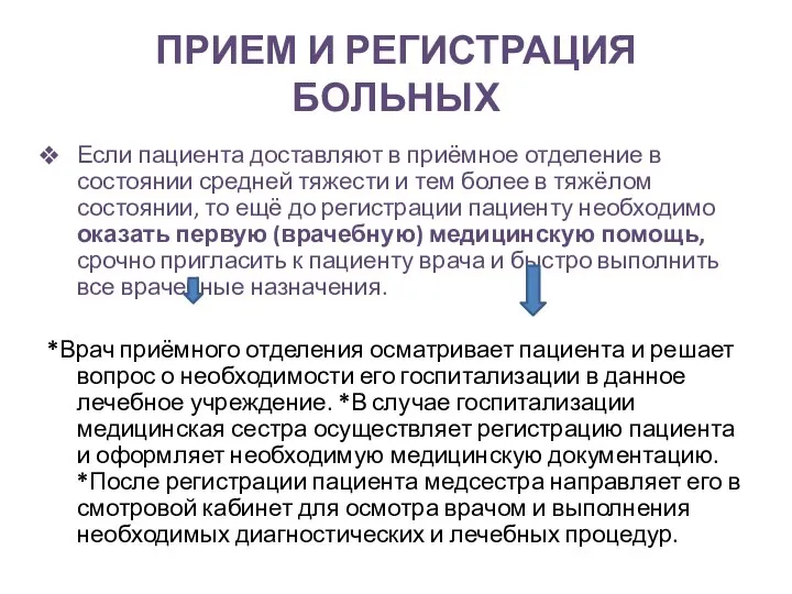 ПРИЕМ И РЕГИСТРАЦИЯ БОЛЬНЫХ Если пациента доставляют в приёмное отделение в состоянии