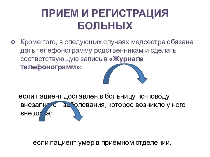 ПРИЕМ И РЕГИСТРАЦИЯ БОЛЬНЫХ Кроме того, в следующих случаях медсестра обязана дать