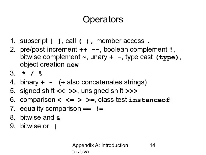 Appendix A: Introduction to Java Operators subscript [ ], call ( ),