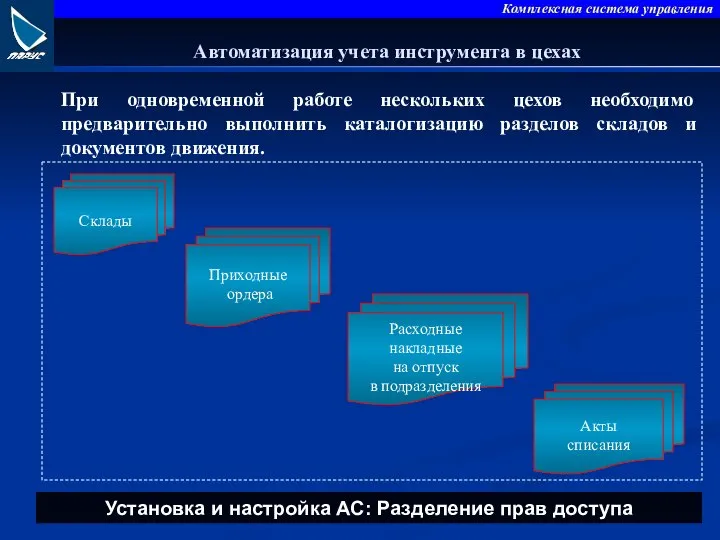 При одновременной работе нескольких цехов необходимо предварительно выполнить каталогизацию разделов складов и