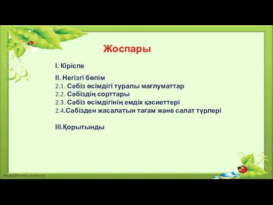 І. Кіріспе ІІ. Негізгі бөлім 2.1. Сәбіз өсімдігі туралы мағлуматтар 2.2. Сәбіздің