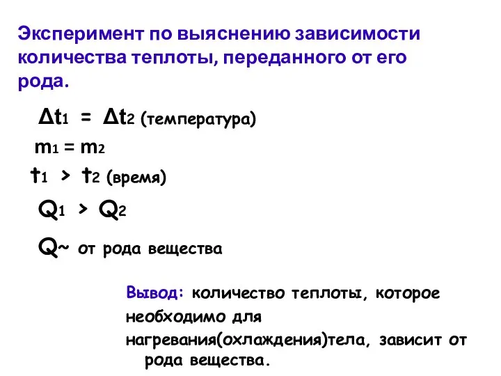 Эксперимент по выяснению зависимости количества теплоты, переданного от его рода. m1 =