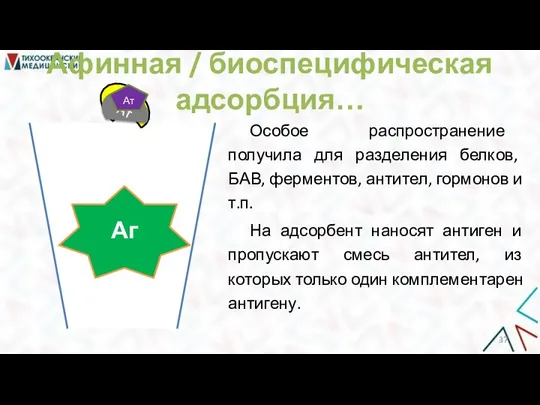 Афинная / биоспецифическая адсорбция… Особое распространение получила для разделения белков, БАВ, ферментов,