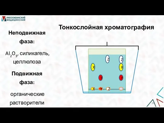 Z Y X Z X Y Тонкослойная хроматография Неподвижная фаза: Al2O3, силикагель,