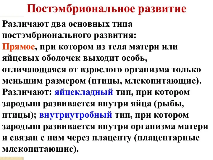 Постэмбриональное развитие Различают два основных типа постэмбрионального развития: Прямое, при котором из