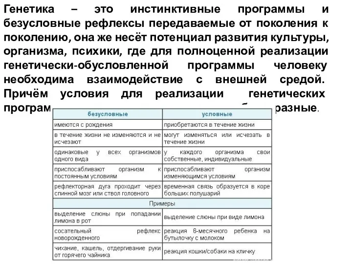 Генетика – это инстинктивные программы и безусловные рефлексы передаваемые от поколения к