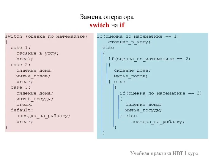 Учебная практика ИВТ I курс Замена оператора switch на if if(оценка_по_математике ==