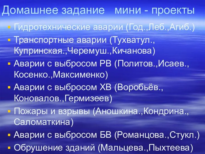 Домашнее задание мини - проекты Гидротехнические аварии (Год.,Леб.,Агиб.) Транспортные аварии (Тухватул.,Купринская.,Черемуш.,Кичанова) Аварии