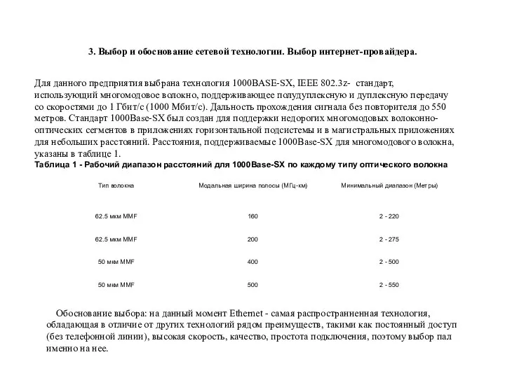 Для данного предприятия выбрана технология 1000BASE-SX, IEEE 802.3z- стандарт, использующий многомодовое волокно,