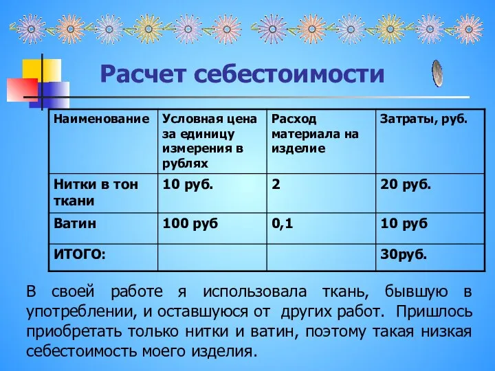 Расчет себестоимости В своей работе я использовала ткань, бывшую в употреблении, и