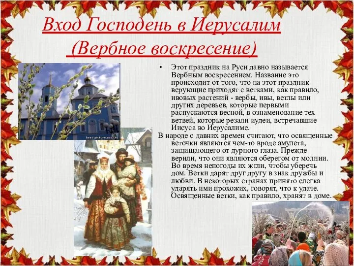 Этот праздник на Руси давно называется Вербным воскресением. Название это происходит от