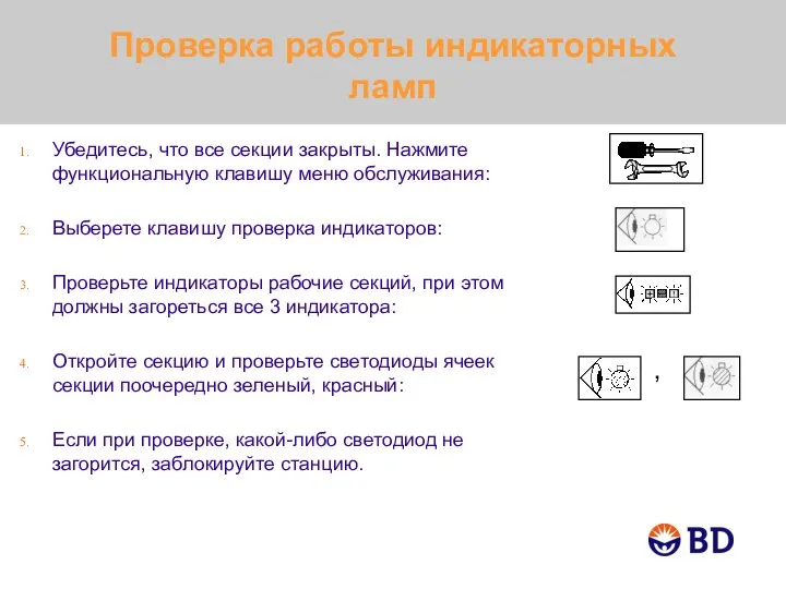 Проверка работы индикаторных ламп Убедитесь, что все секции закрыты. Нажмите функциональную клавишу