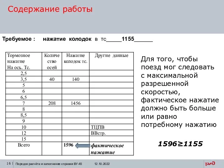 Содержание работы Для того, чтобы поезд мог следовать с максимальной разрешенной скоростью,