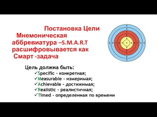 Постановка Цели Мнемоническая аббревиатура –S.M.A.R.T расшифровывается как Смарт -задача