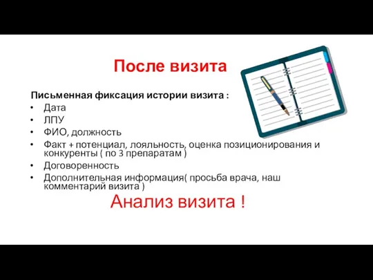 После визита Письменная фиксация истории визита : Дата ЛПУ ФИО, должность Факт