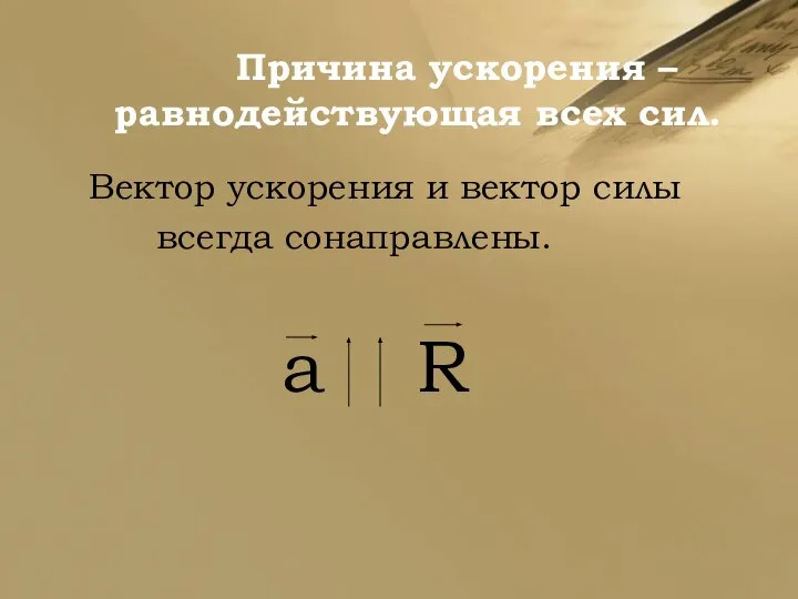 Причина ускорения – равнодействующая всех сил. Вектор ускорения и вектор силы всегда сонаправлены. a R