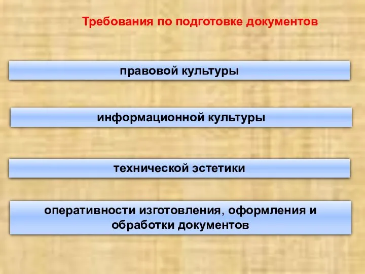 Требования по подготовке документов правовой культуры оперативности изготовления, оформления и обработки документов технической эстетики информационной культуры