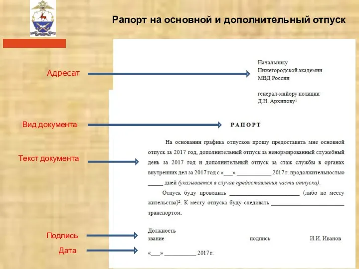 Рапорт на основной и дополнительный отпуск Адресат Вид документа Текст документа Подпись Дата