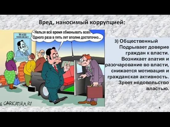 3) Общественный Подрывает доверие граждан к власти. Возникает апатия и разочарование во