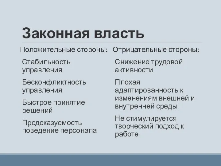 Законная власть Положительные стороны: Стабильность управления Бесконфликтность управления Быстрое принятие решений Предсказуемость