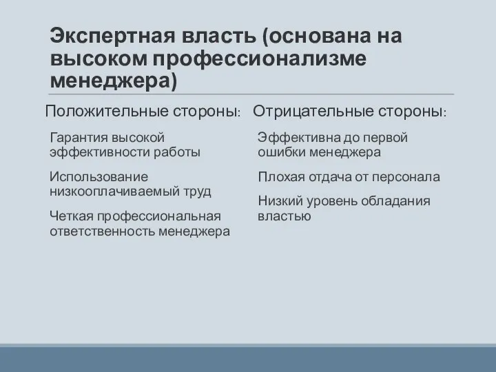 Экспертная власть (основана на высоком профессионализме менеджера) Положительные стороны: Гарантия высокой эффективности