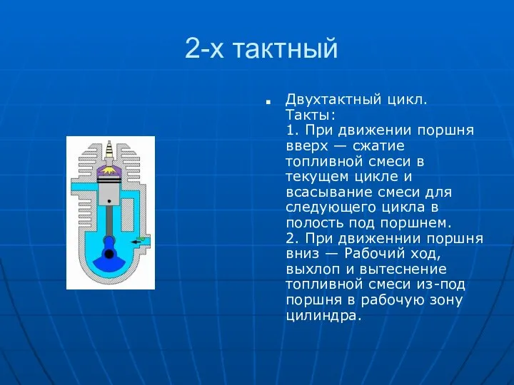 2-х тактный Двухтактный цикл. Такты: 1. При движении поршня вверх — сжатие